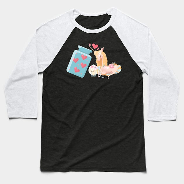 beautiful unicorn art with bottle of hearts Baseball T-Shirt by CatheBelan